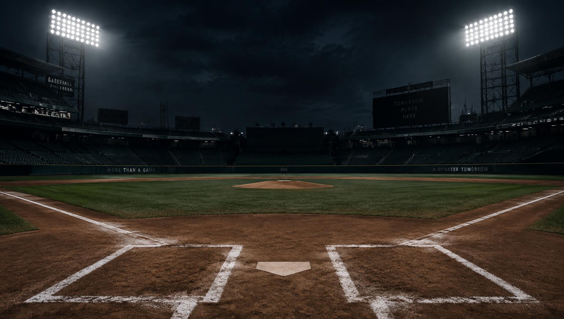 Empty night baseball stadium with floodlights on freshly chalked infield